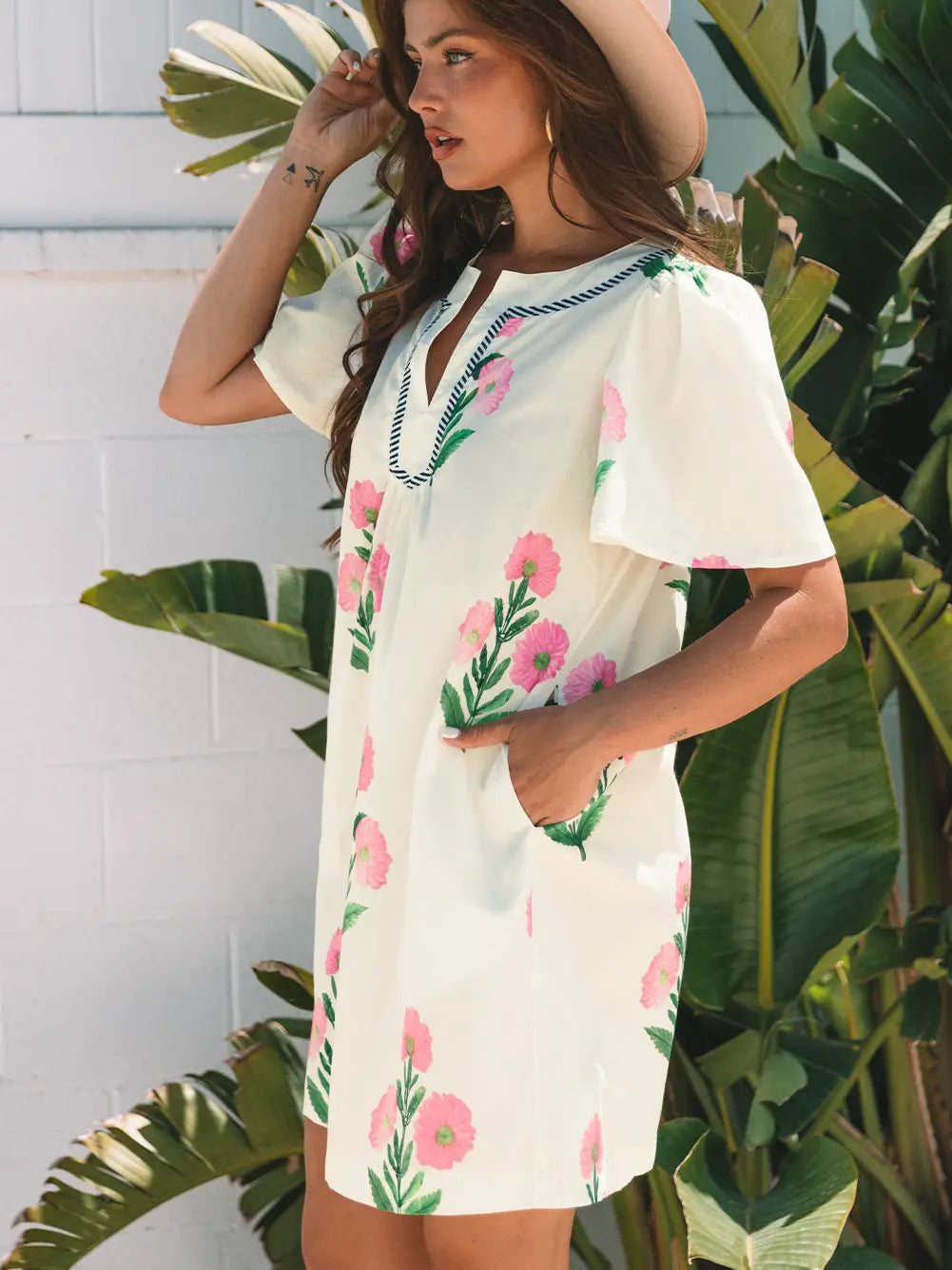 Floral Split Neck Mini Dress