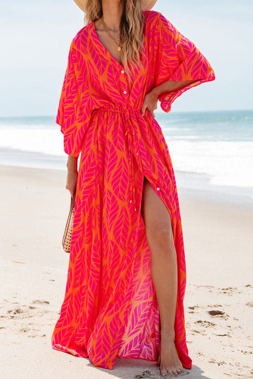 Orange Leafy Print 3/4 Sleeve Maxi Dress