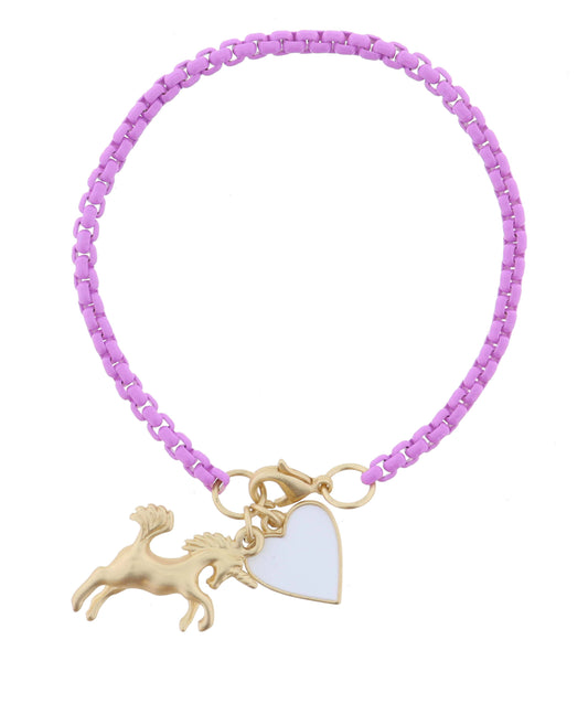 Kids Lavender Box Chain with Unicorn & White Heart Bracelet