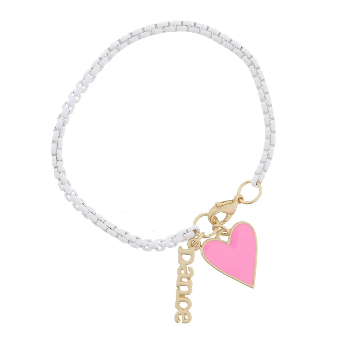 JM Kids White Box Chain with "Dance" & Pink Heart Bracelet