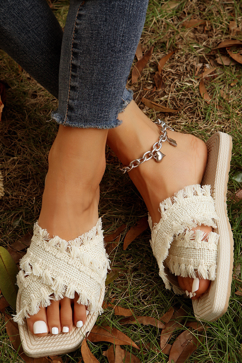 Beige Tassel Cross Strap Flat Sandals