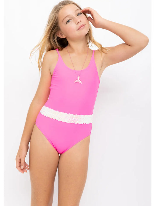 Neon Pink Swimsuit with Sequin Belt