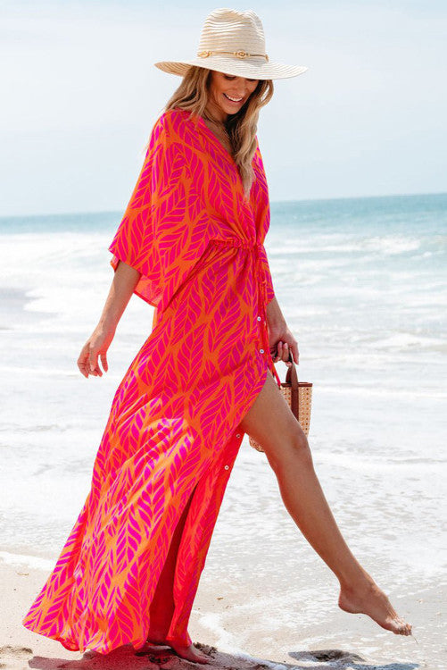 Orange Leafy Print 3/4 Sleeve Maxi Dress