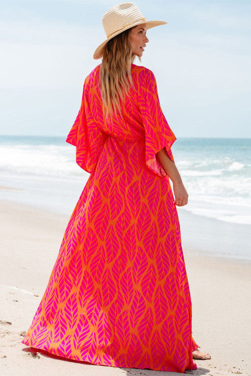 Orange Leafy Print 3/4 Sleeve Maxi Dress