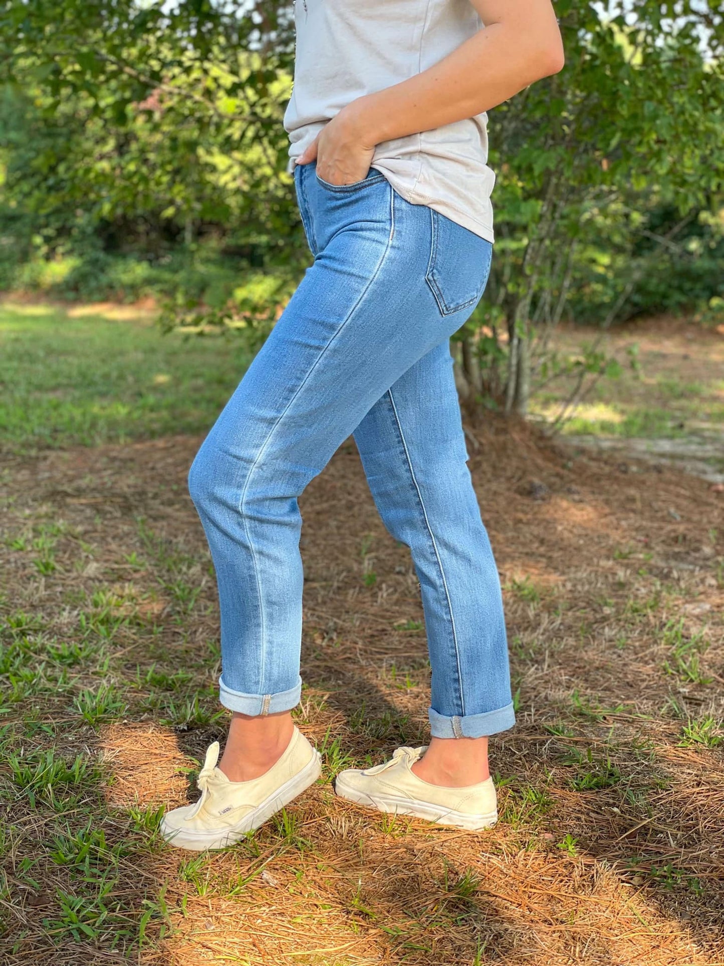 Non-Distressed Light Wash Mom Jeans