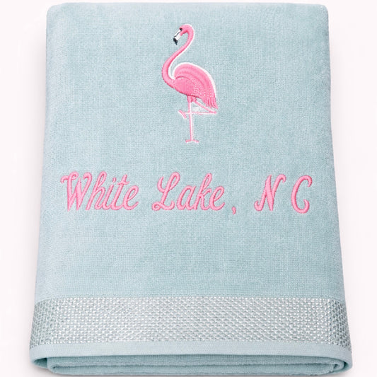 White Lake Towel- Embroidered Flamingo