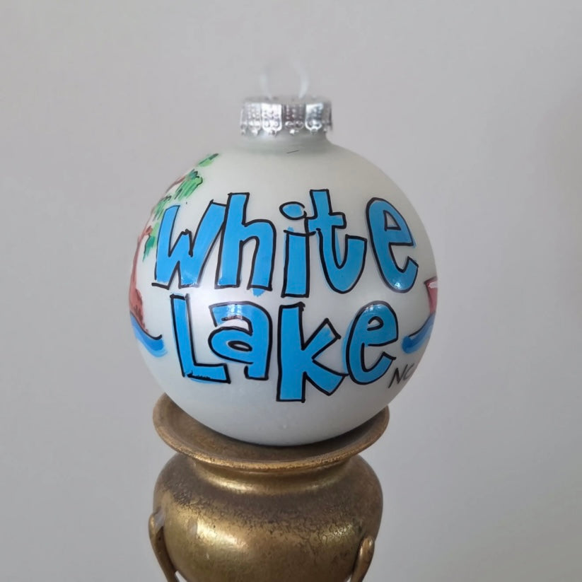 White Lake Ornament - Hand Painted Glass Ball