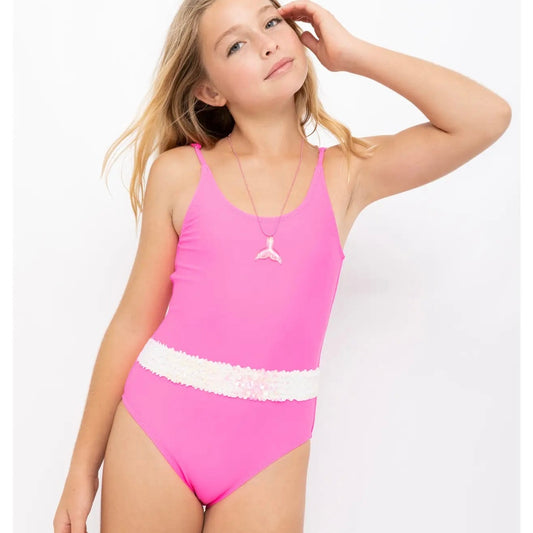 Neon Pink Swimsuit with Sequin Belt