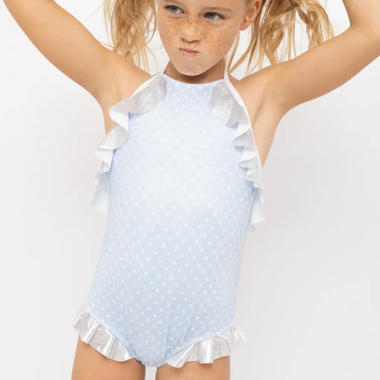Polka Dot Silver Ruffle Swimsuit