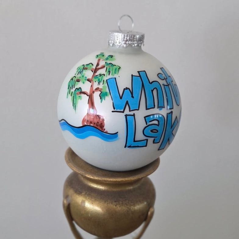 White Lake Ornament - Hand Painted Glass Ball
