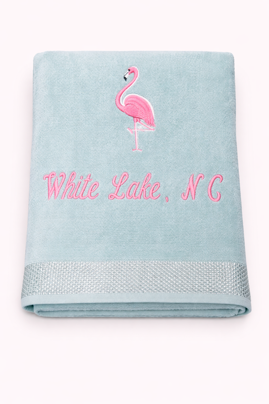 White Lake Towel- Embroidered Flamingo