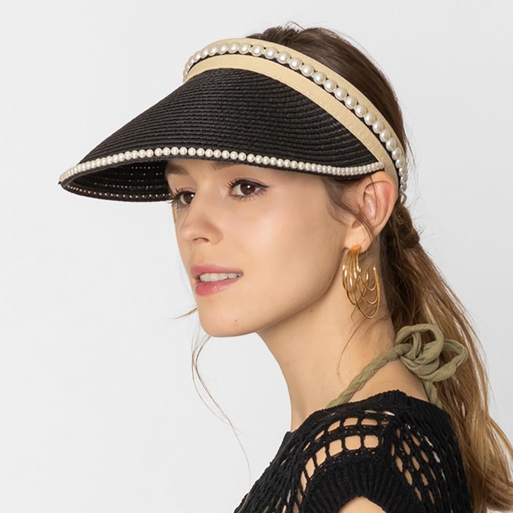 Straw Sun Visor with Pearl Detail