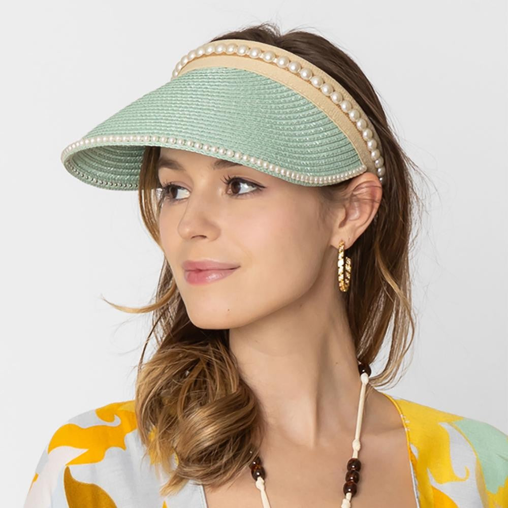 Straw Sun Visor with Pearl Detail