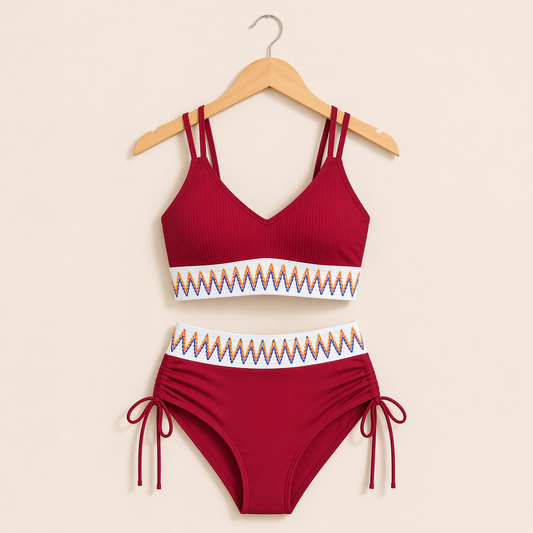 Racing Red Ribbed Two Piece Swimsuit