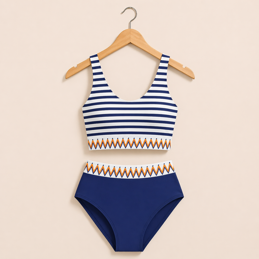 Blue Contrast Trim Two Piece Swimsuit