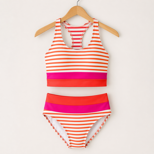 Orange Stripe Color block Two Piece Swimsuit