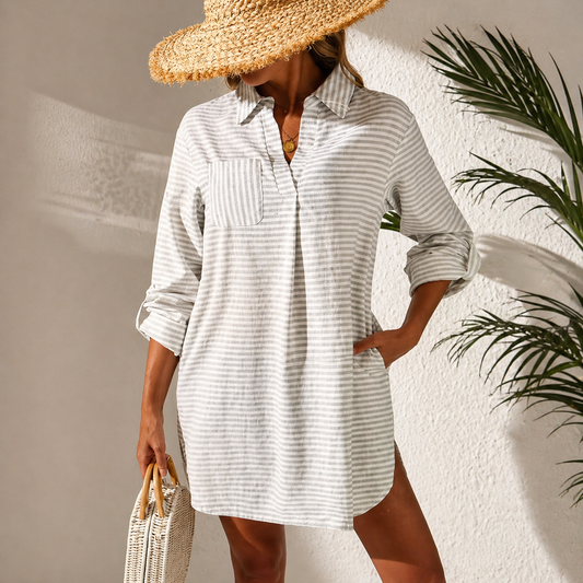 White Stripe Collared V-neck Coverup
