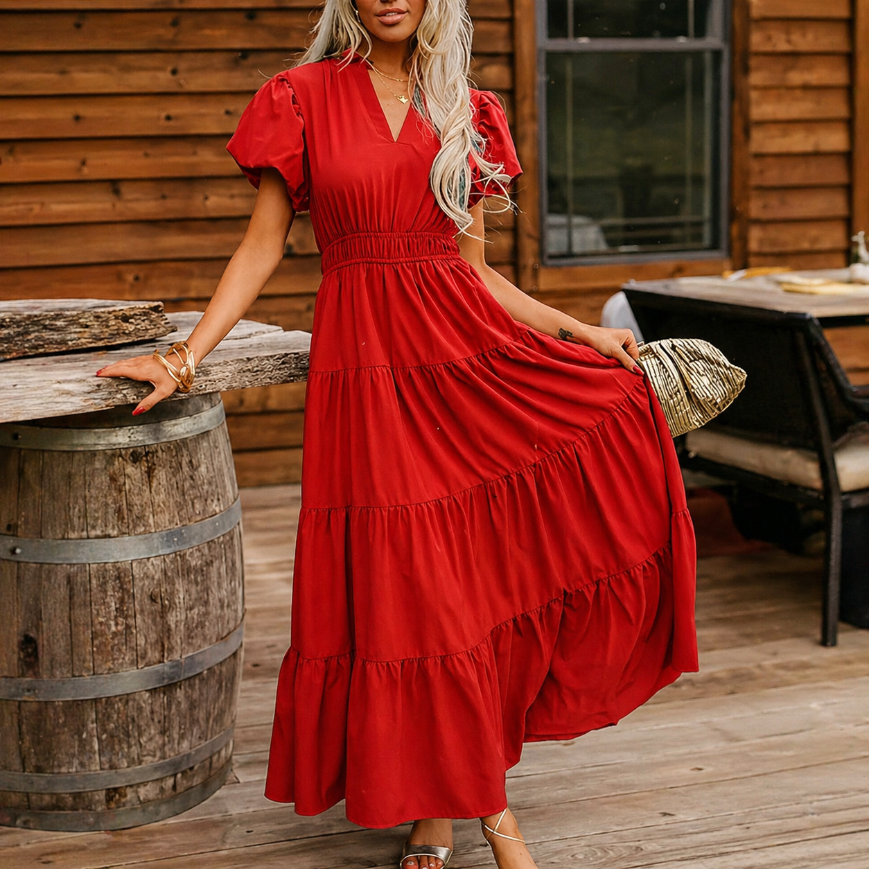 Red Puff Sleeve Maxi Dress
