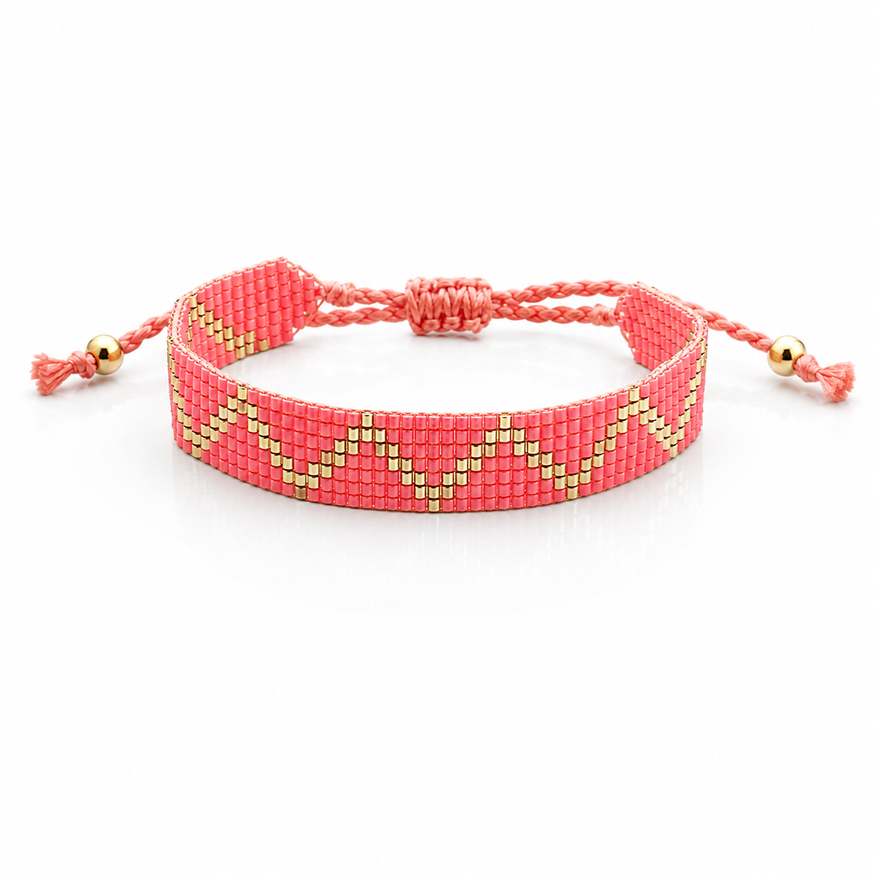 JM Kids Coral and Gold Zigzag Woven Beaded Band Bracelet