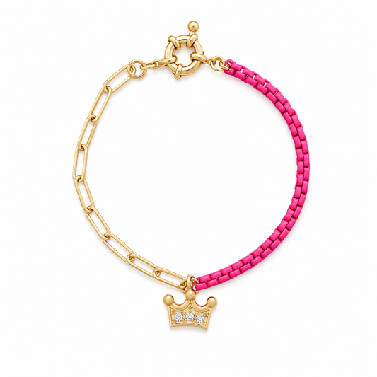 JM Kids Gold Chain/Hot Pink with Crystal Crown Bracelet