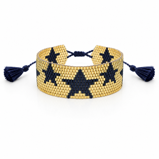 JM Kids Gold with Black Stars  Woven Beaded Band Bracelet