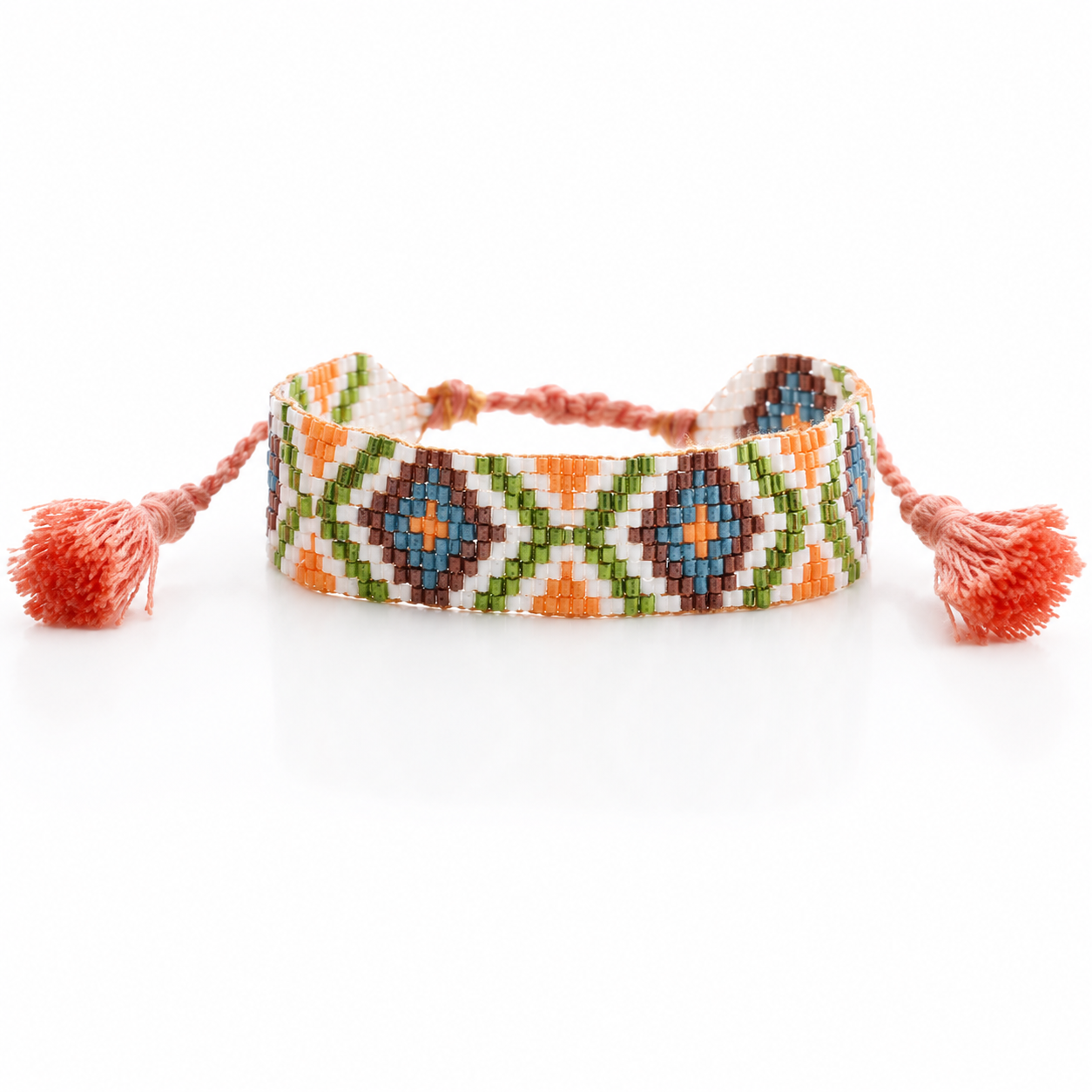 JM Kids Orange White Olive Teal Woven Beaded Band Bracelet