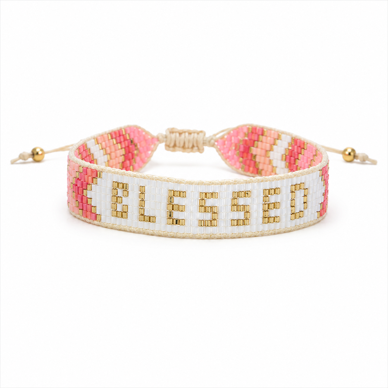 JM Kids Peach Pink White Gold "BLESSED" Woven Beaded Band Bracelet