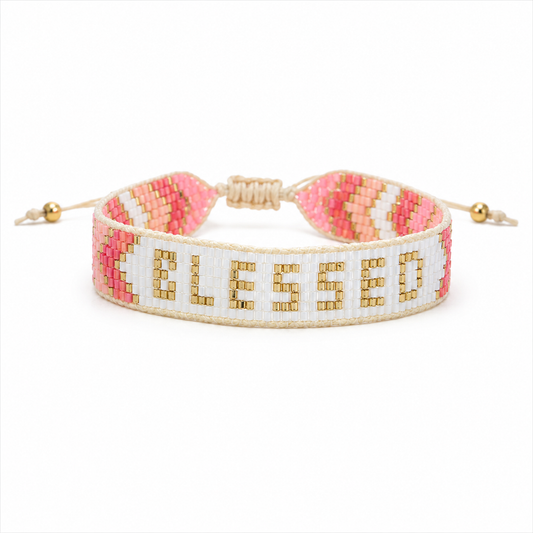 JM Kids Peach Pink White Gold "BLESSED" Woven Beaded Band Bracelet