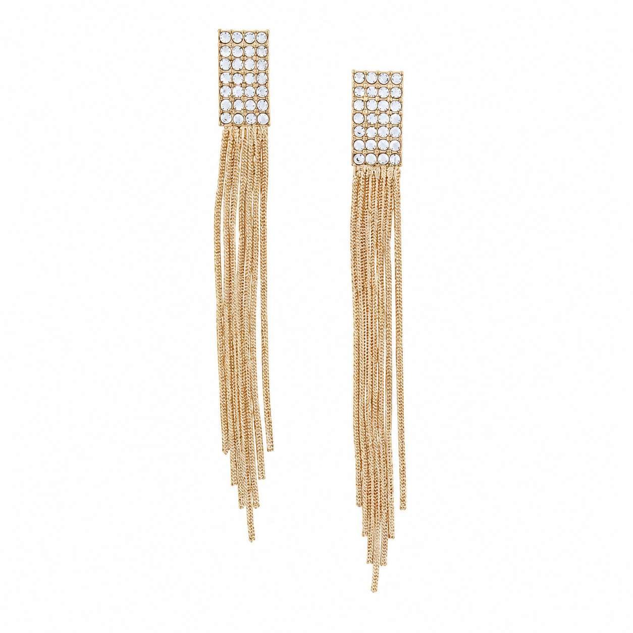 JM Crystal Pave Rectangle Post with Gold Fringe Earrings