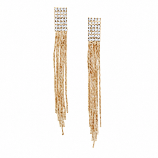 JM Crystal Pave Rectangle Post with Gold Fringe Earrings