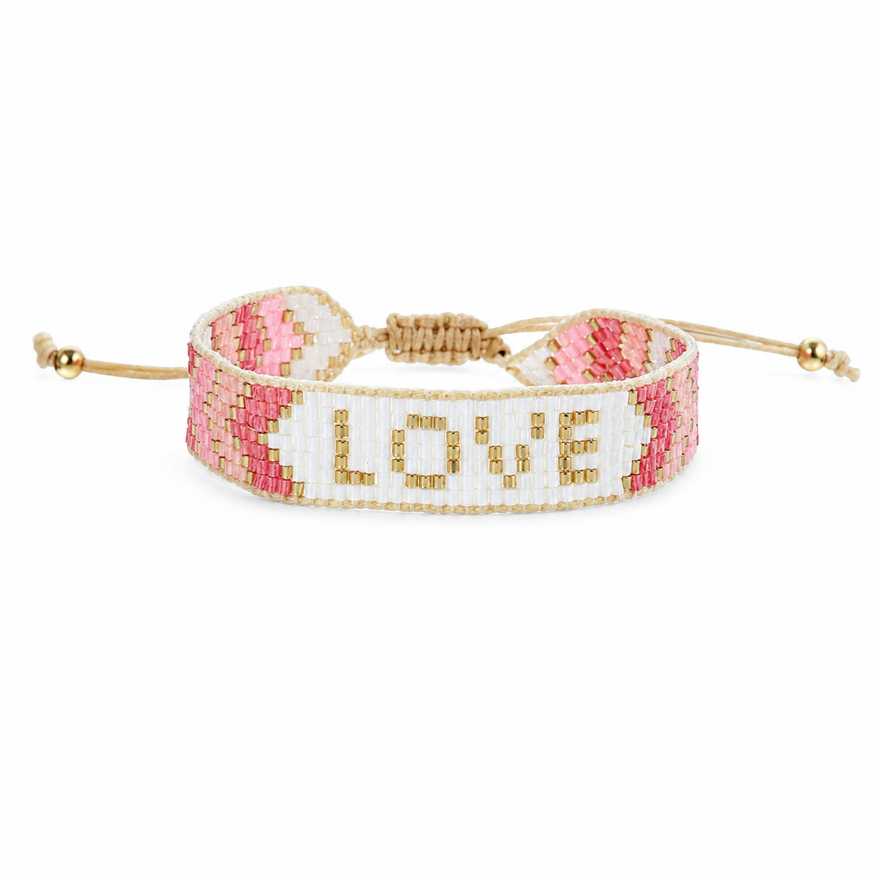 JM Kids Red Peach Pink White Gold  "Love" Woven Beaded Bracelet