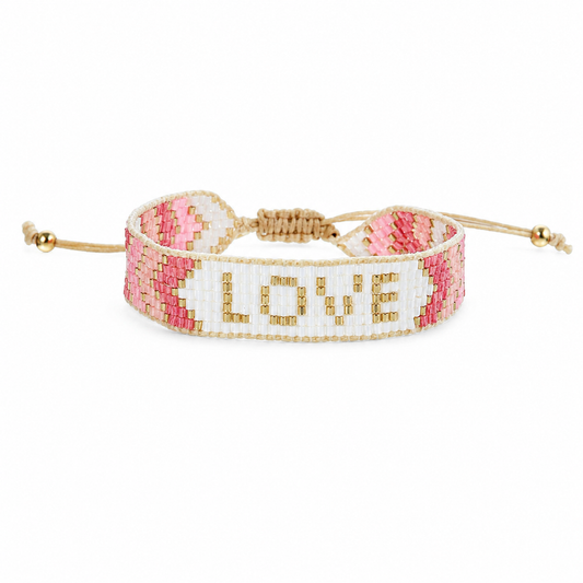 JM Kids Red Peach Pink White Gold  "Love" Woven Beaded Bracelet