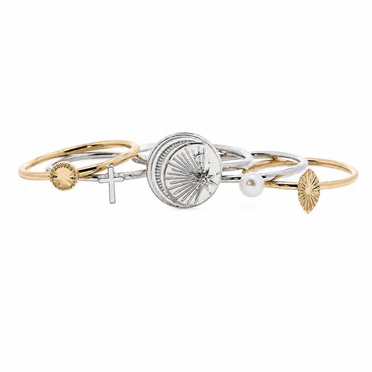 JM Set of 5 Silver & Gold Moon & Star Rings