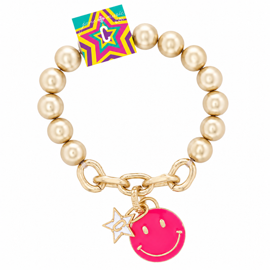Kids Happy Face, Hot Pink & Yellow with Star "C" Bracelet