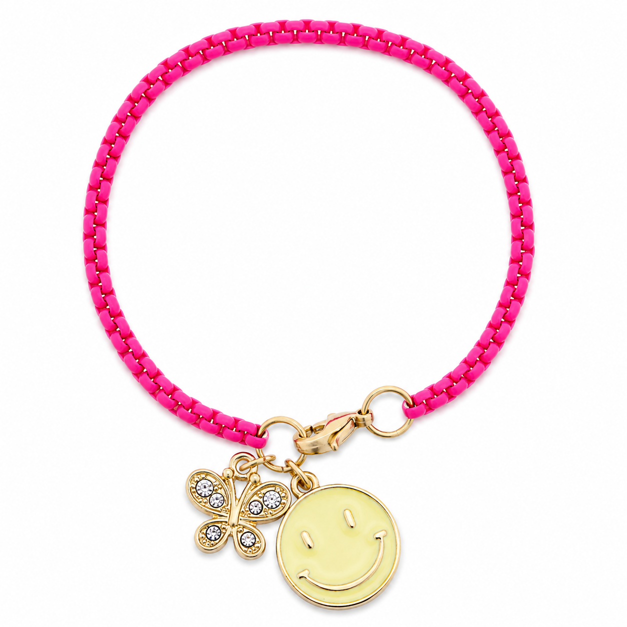 Kids Pink Box Chain with Butterfly & Happy Face Bracelet