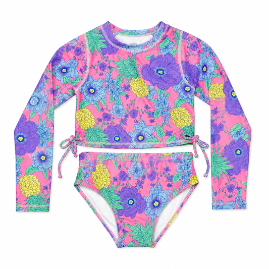 Girls 3-Piece Swimsuit Set - Purple Flowers