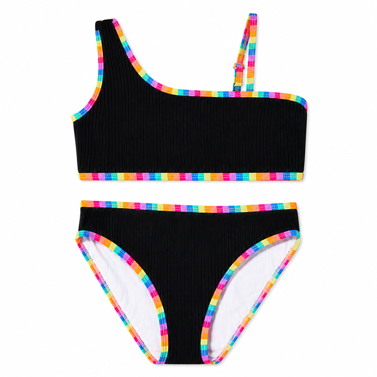 Girls Swimsuit - Black Ribbed Rainbow Trim
