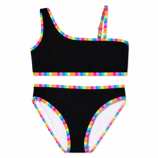 Girls Swimsuit - Black Ribbed Rainbow Trim