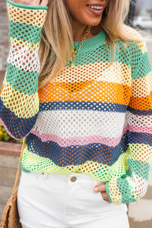 Green Colorblock Eyelet Sweater