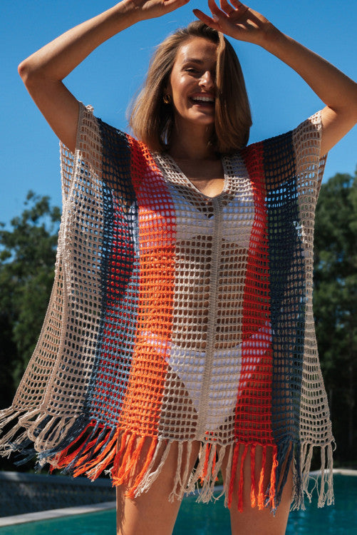 Multicolor Striped Tassel V-Neck Coverup