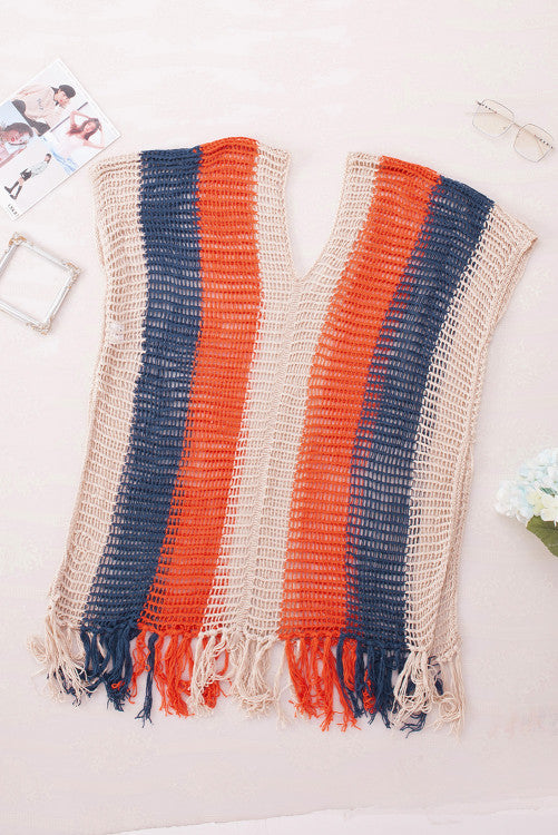 Multicolor Striped Tassel V-Neck Coverup