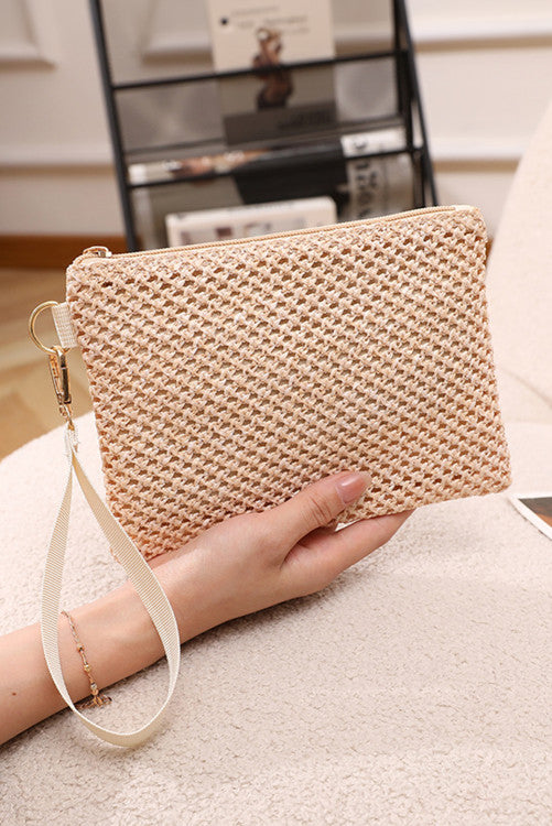 Beige Woven Zipper Wrist Strap Handbag