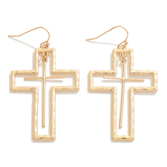 Hammered Metal Cross Earrings- Gold