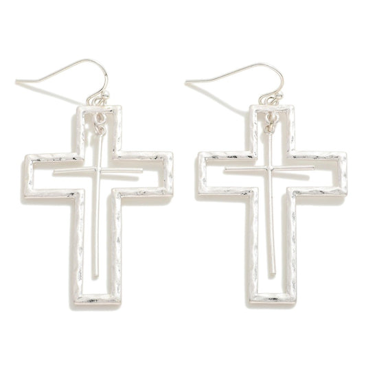 Hammered Metal Cross Earrings- Silver