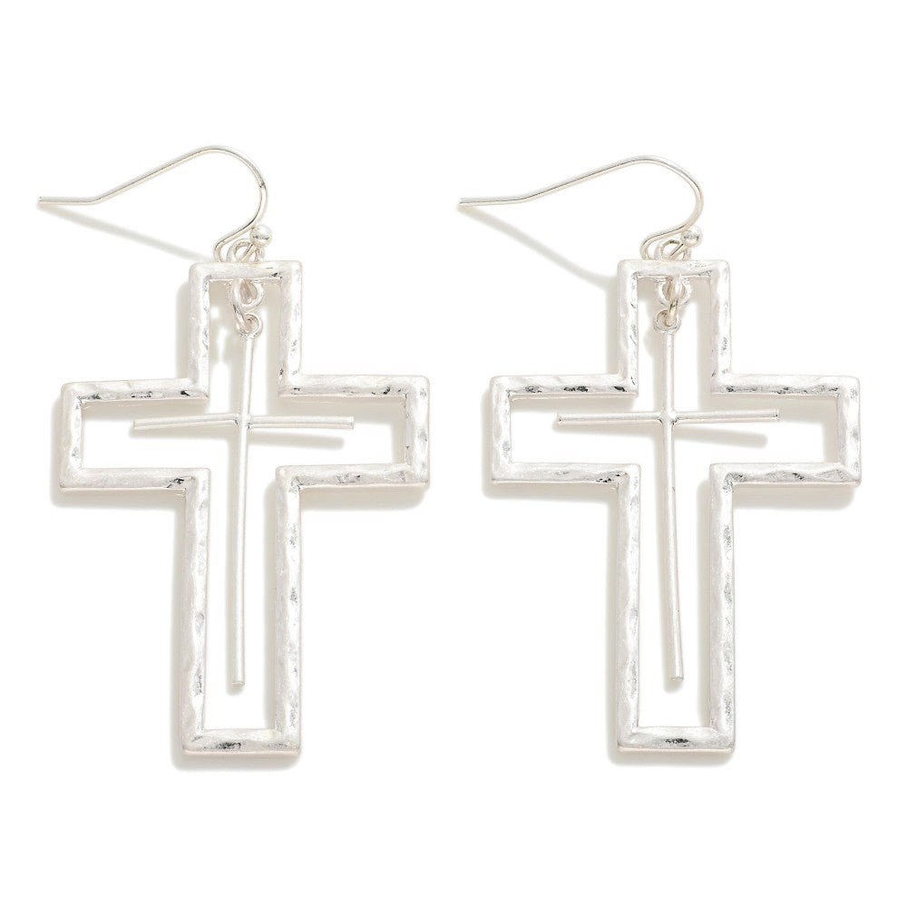 Hammered Metal Cross Earrings- Silver