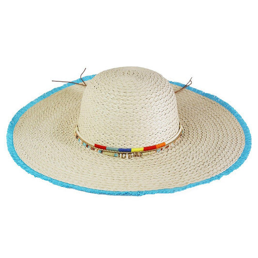Multi-color Frayed Floppy Straw Sun Hat