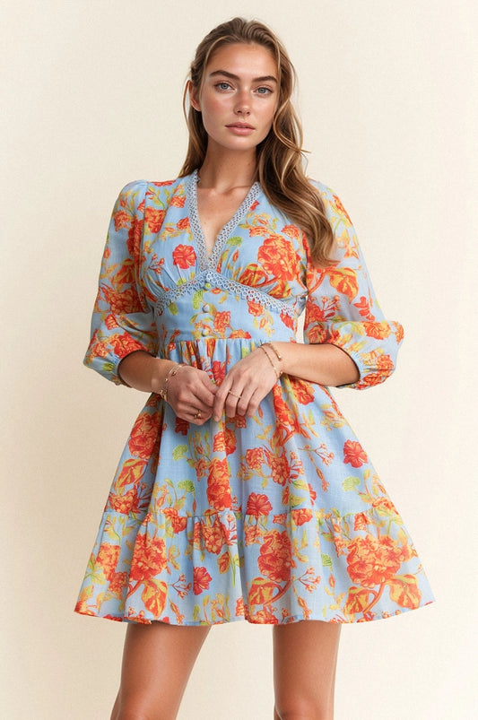 Floral Color Block Mini Dress