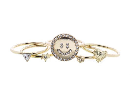 JM Set of 5 Gold Rings - Crystal Lines Happy Face