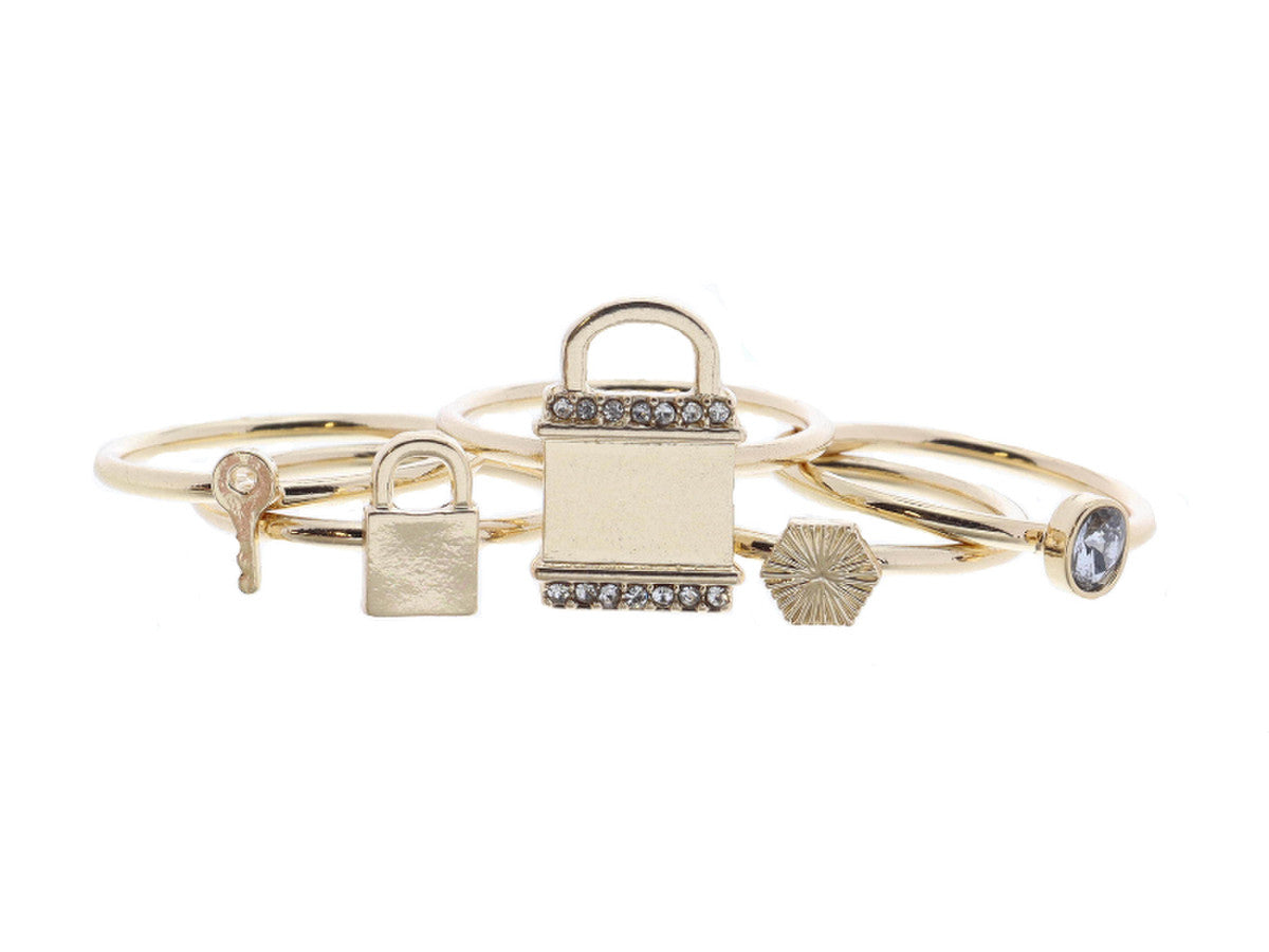 JM Set of 5 Gold Rings - Padlock with Crystals