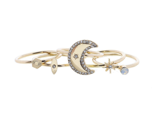 JM Set of 5 Crystal Crescent Coordinating Gold Rings